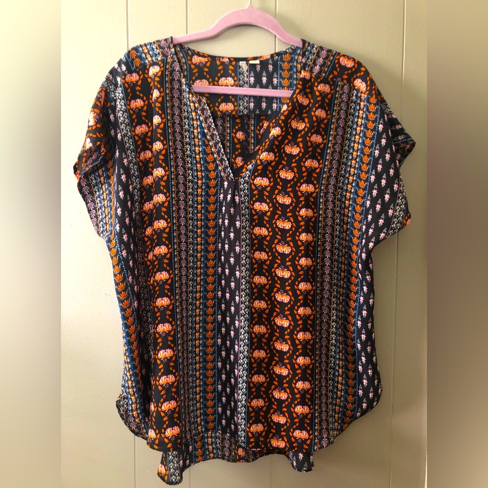 Cato Navy Floral Stripe Short Sleeve Blouse